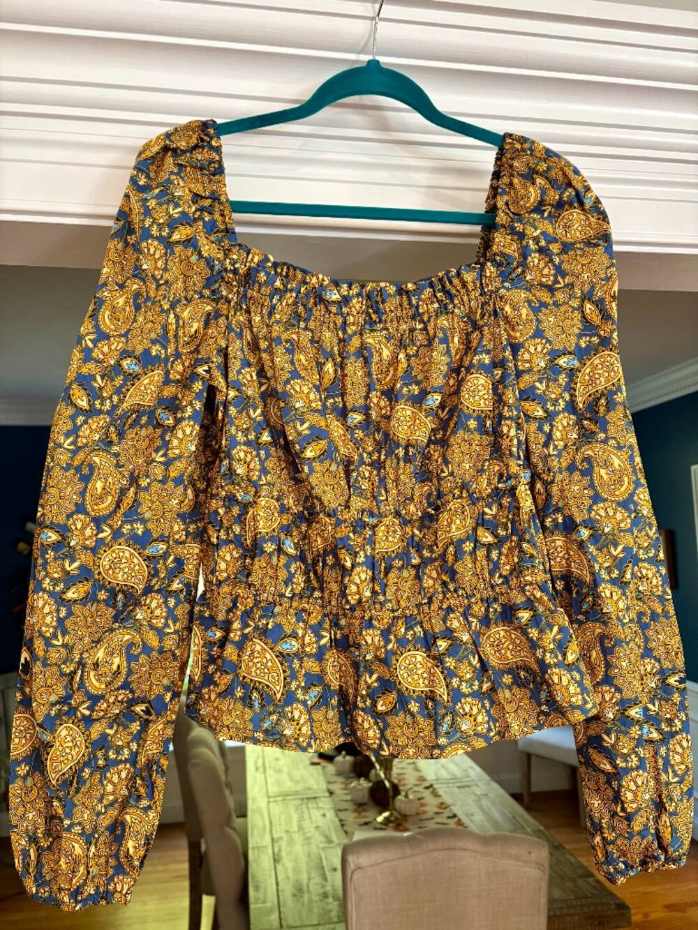 Boden top, Size 10, NWT, blue and gold paisley peasant top, smocked